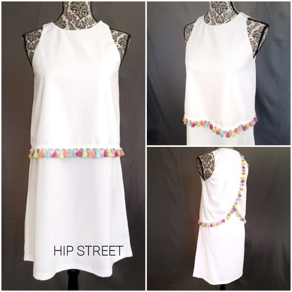 Multi Color Tassel Top Tunic Overlay Sleeveless Shift Dress S